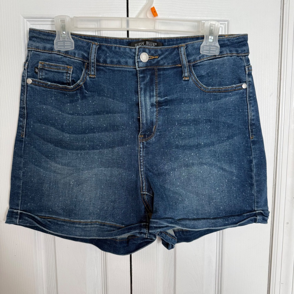 Judy Blue Denim Shorts Large Blue High Rise Cuffed Speckled Acid Wash Boho
